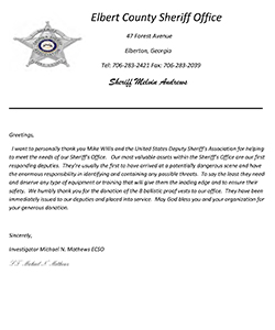 Elbert County Sheriff Office GA letter of testimonial